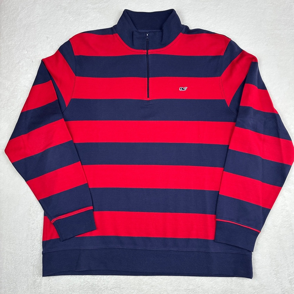 Vineyard Vines Mens‎ Large Red Navy Blue Striped 1/4 Zip Cotton Pullover 1K0544